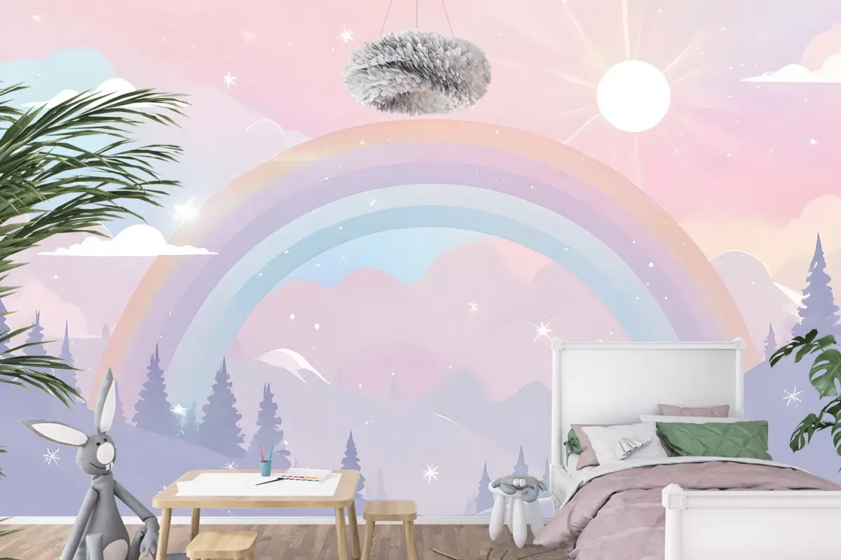 Renkli Dağlar Ve Parlak Yıldızlarla Çocuk Kreş Gökkuşağı Çocuk Odası Duvar Kağıdı