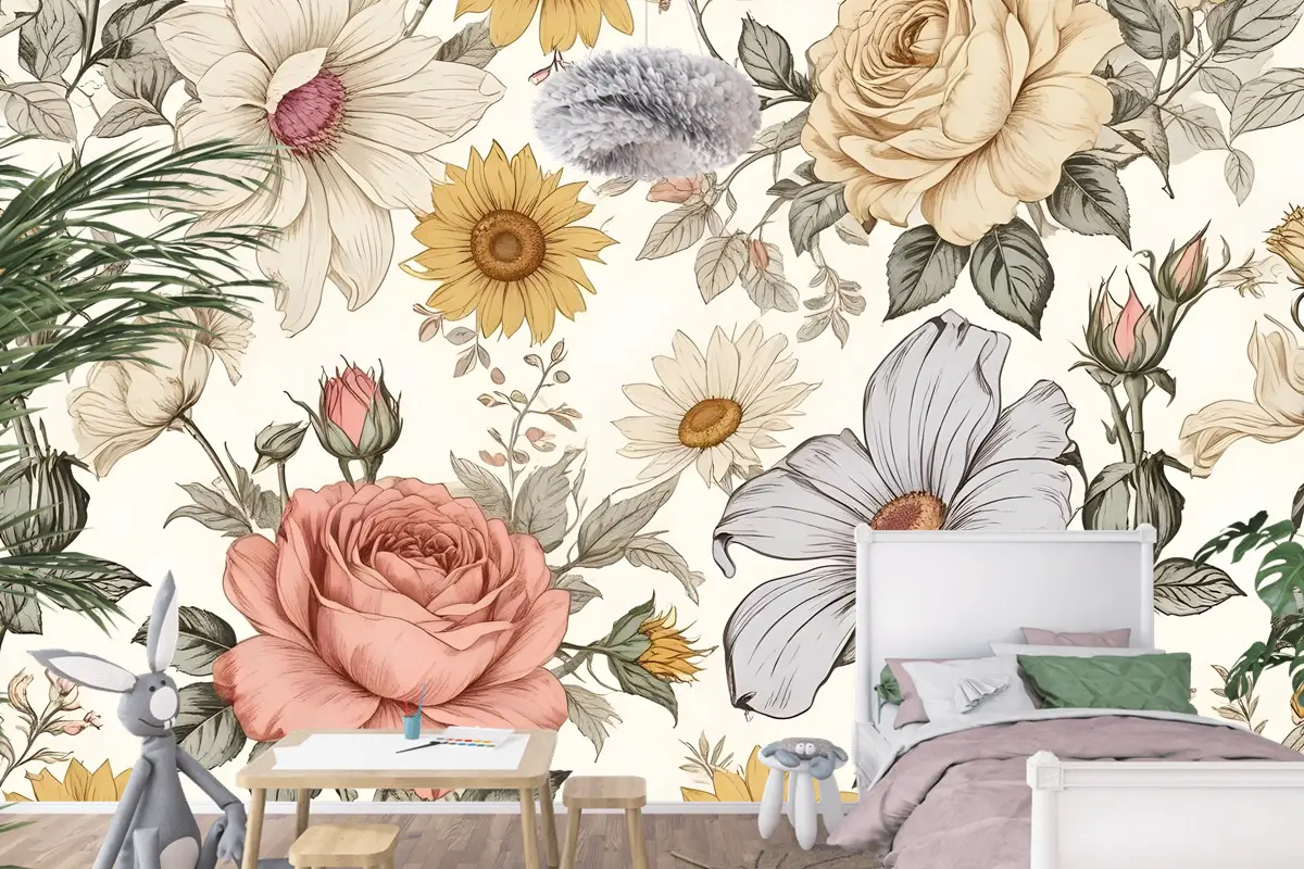 Çocuklar Şakayık Ve Papatya Çiçek Çocuk Odası Duvar Kağıdı