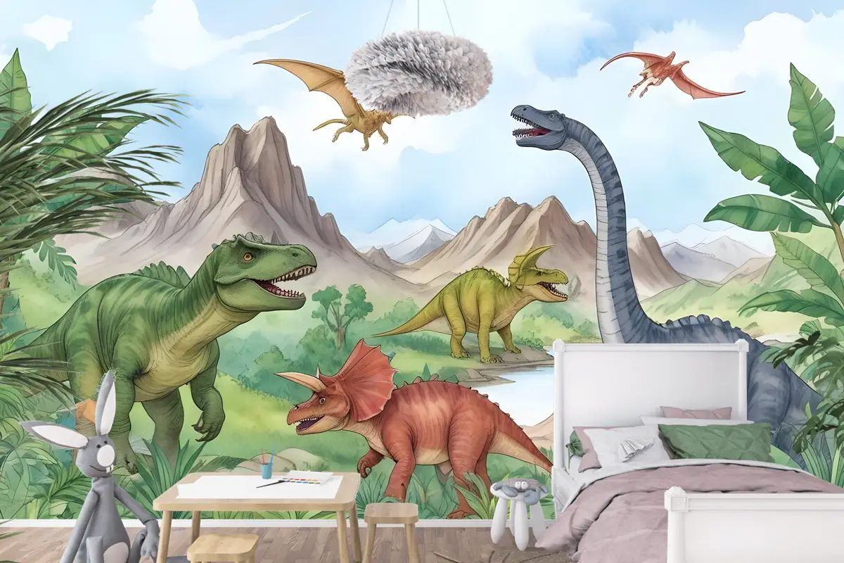 Çocuklar Tarih Öncesi Dinozor Çocuk Odası Duvar Kağıdı 