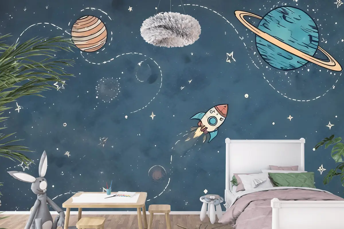 Beyaz Şerit Çocuk Odası Duvar Kağıdı  Ile Parlayan Karikatür Uzay Çocuklar