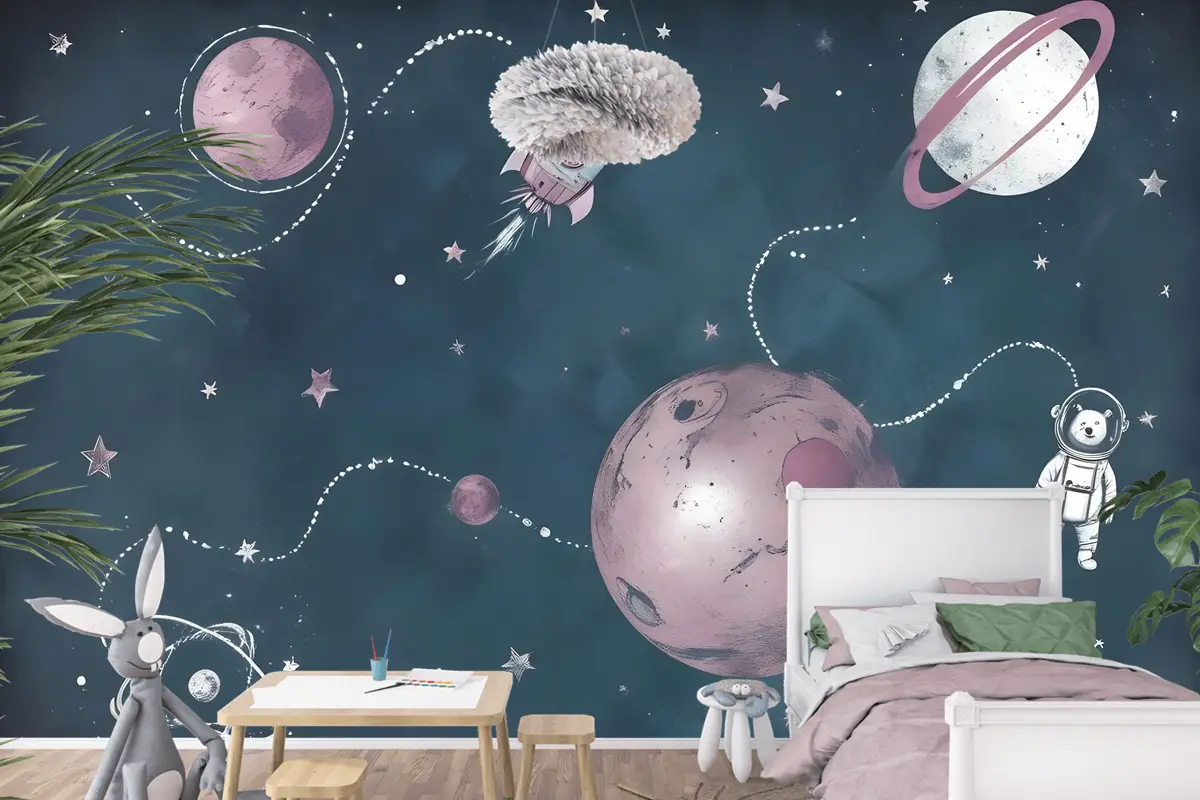 Suluboya Ayı Astronot Çocuk Odası Duvar Kağıdı Ile Uzay Parlayan Çocuklar