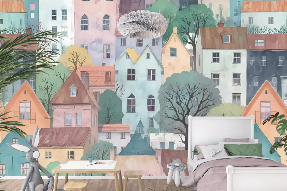 Çocuklar Küçük Kasaba Sevimli Suluboya Ev Çocuk Odası Duvar Kağıdı