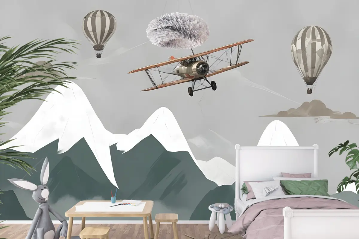 Çocuklar Uçak Ve Balonlarla Karlı Dağ Çocuk Odası Duvar Kağıdı