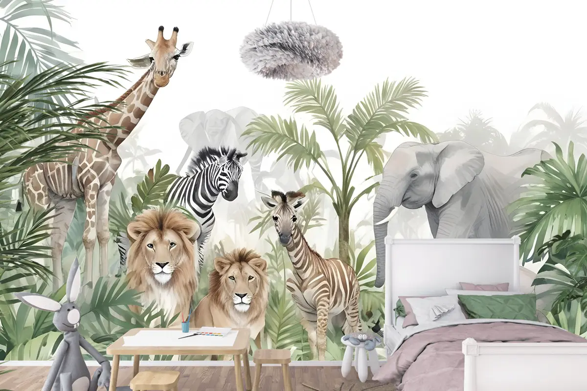 Yapraklı Tropikal Hayvanlar Çocuk Odası Duvar Kağıdı