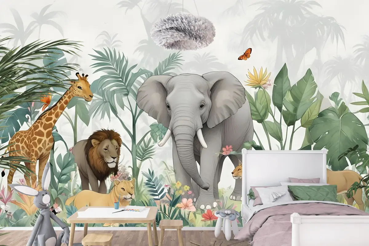 Yeşil Yapraklı Çocuklar Tropikal Safari Hayvanları Çocuk Odası Duvar Kağıdı
