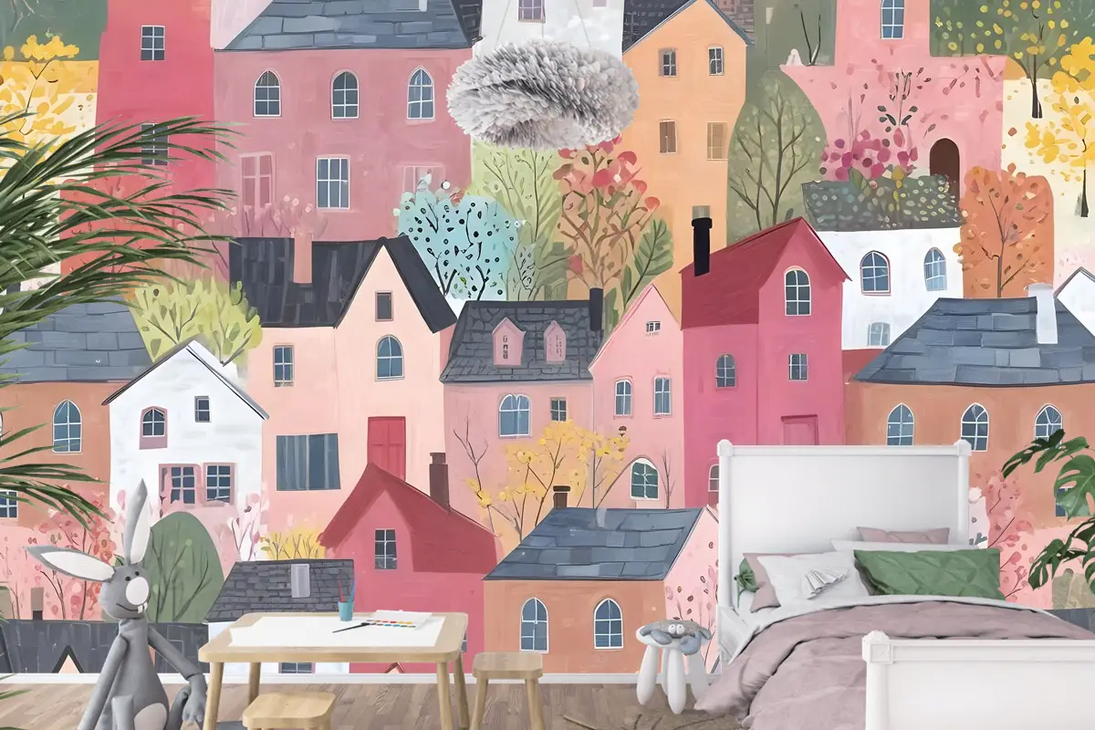 Çocuklar Suluboya Sevimli Kasaba Evi Çocuk Odası Duvar Kağıdı 