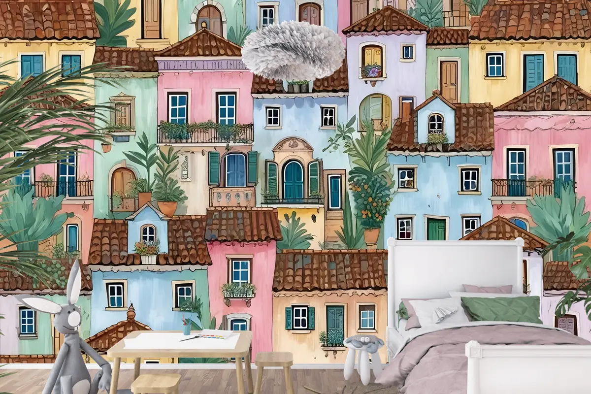 Çocuklar Suluboya Ortaçağ Evi Bitkilerle Çocuk Odası Duvar Kağıdı