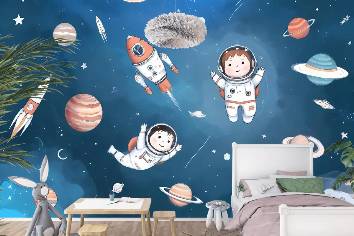 Gezegenler Çocuk Odası Duvar Kağıdı Ile Çocuklar Suluboya Uzay