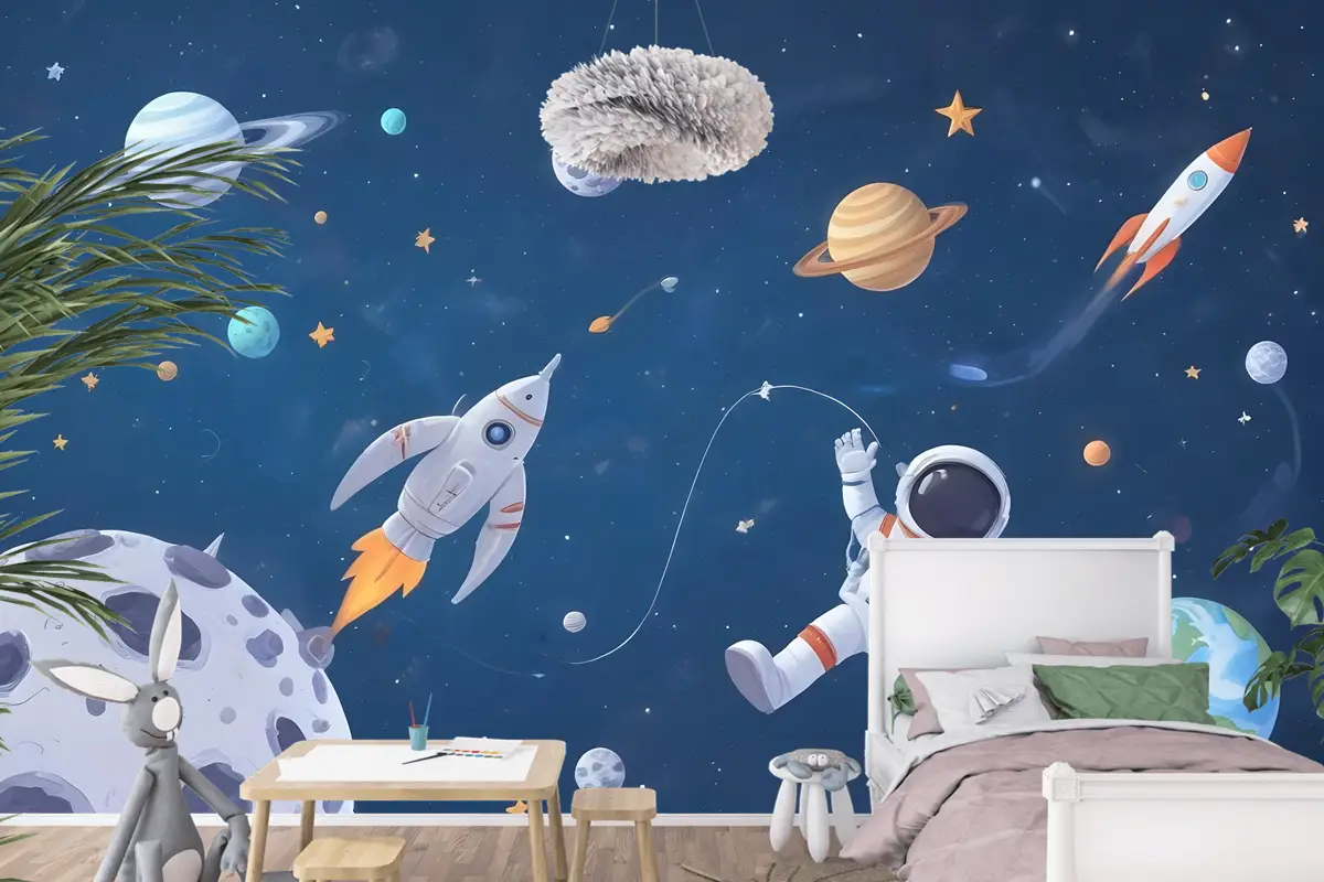Uzay Gemisi Ve Astronotlu Çocuklar Suluboya Alanı Çocuk Odası Duvar Kağıdı