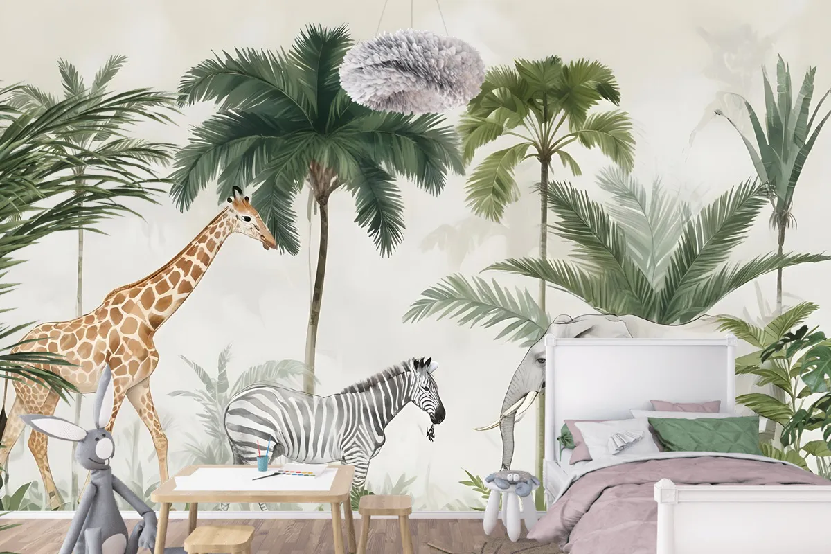 Palmiye Ağaçları Ile Çocuklar Vahşi Tropikal Hayvanlar Çocuk Odası Duvar Kağıdı