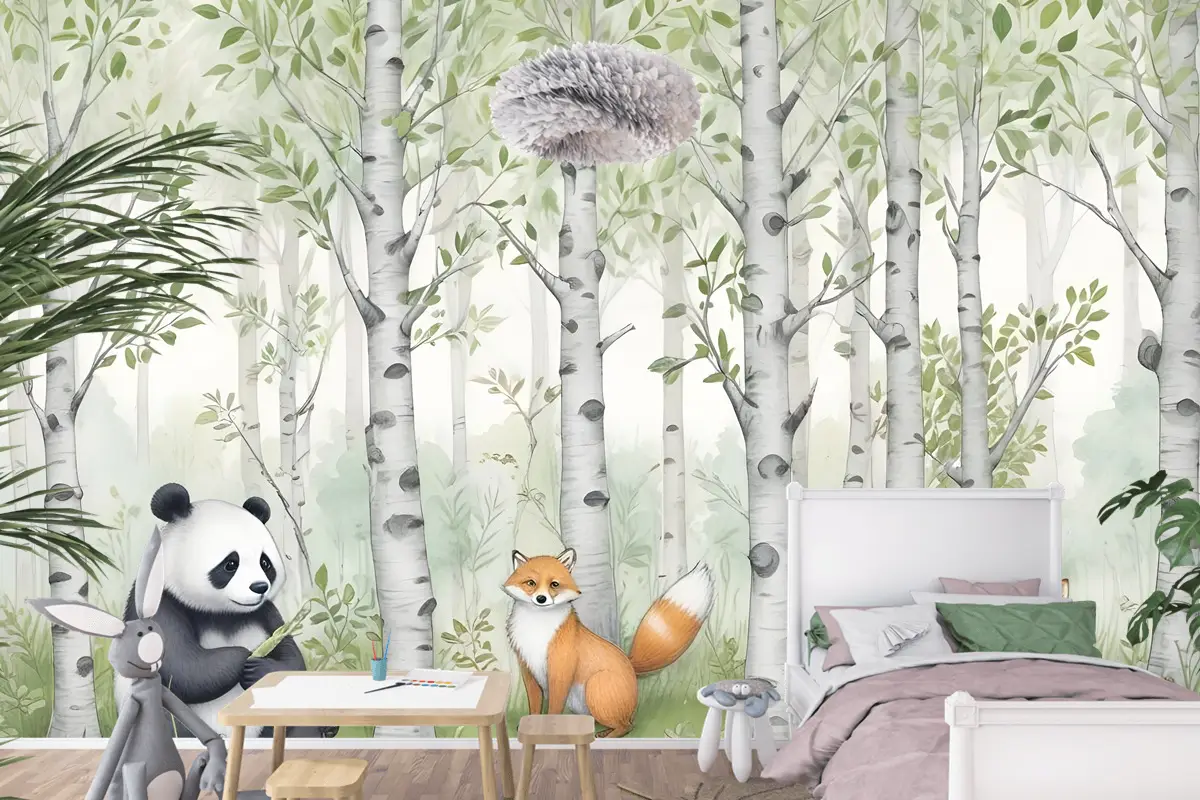 Ormandaki Çocuklar Orman Hayvanları Çocuk Odası Duvar Kağıdı