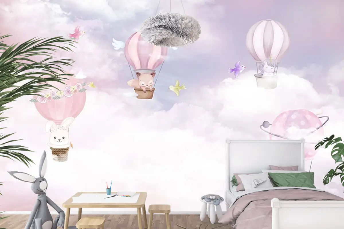 Çocuk Odası Duvar Kağıdı Balonlar Ve Sevimli Hayvanlar