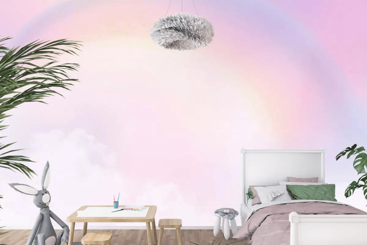 Çocuk Odası Duvar Kağıdı Gökkuşağı Ve Pembe Bulutlar
