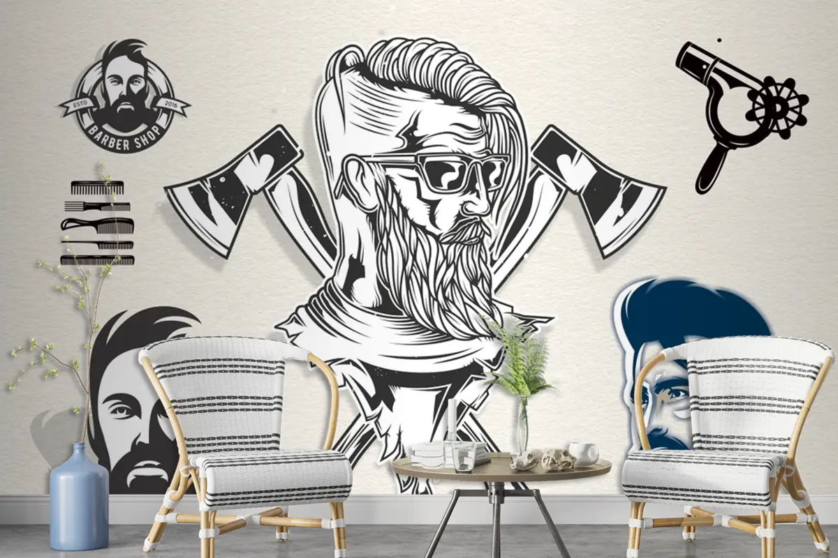 Krem Arka Plan Viking Temalı Kuaför Duvar Kağıdı