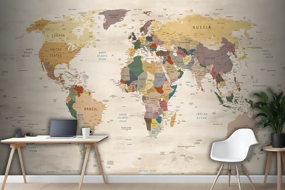 Krem Renk Zemin Detaylı Dünya Haritası Duvar Kağıdı