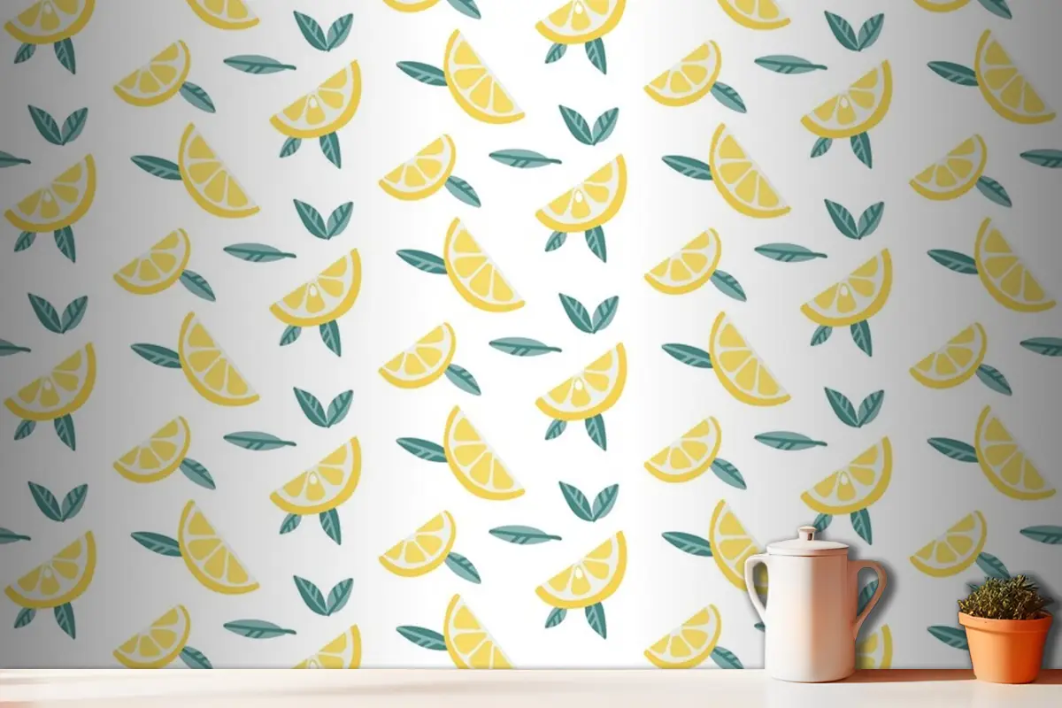 Yaprakları Dikişsiz Desenli Limon Meyve Dilimleri Mutfak Duvar Kağıdı