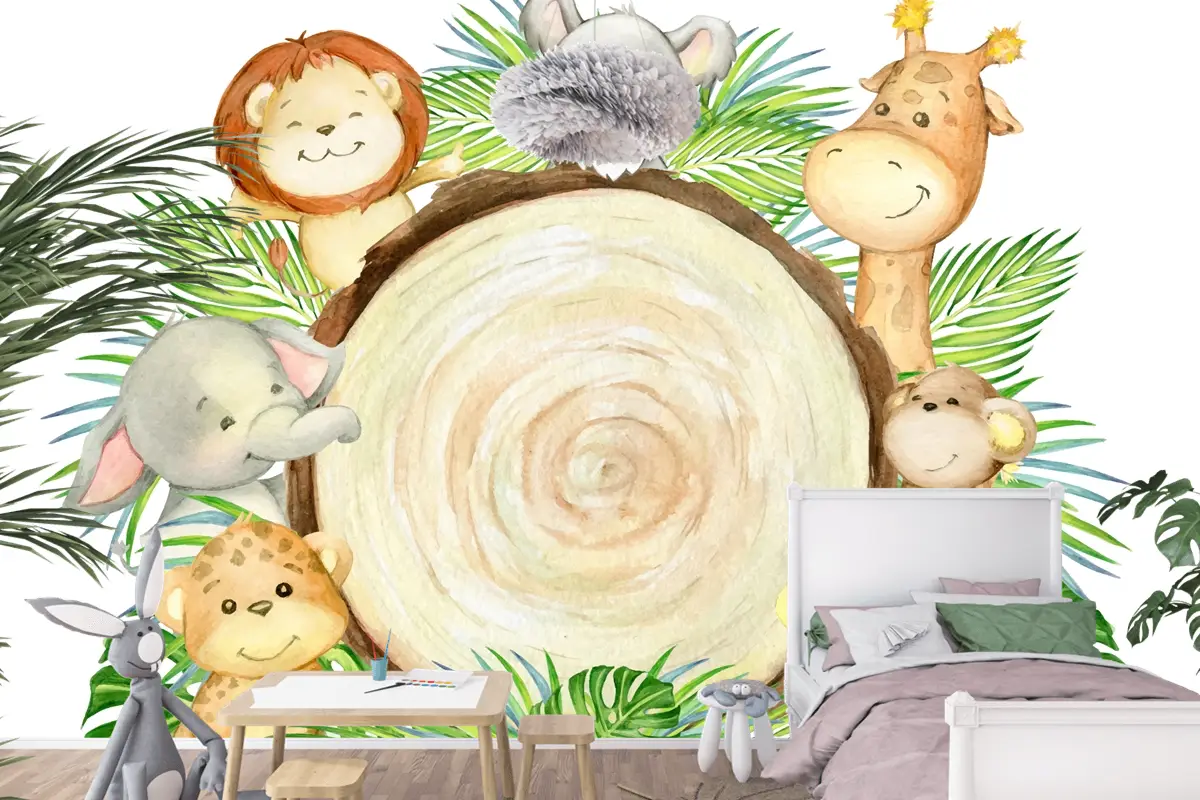 Leopar Maymun Koala Aslan Kaplumbağa Fil Zürafa Yazı Bir Tropikal Hayvanlar Çocuk Odası Duvar Kağıdı