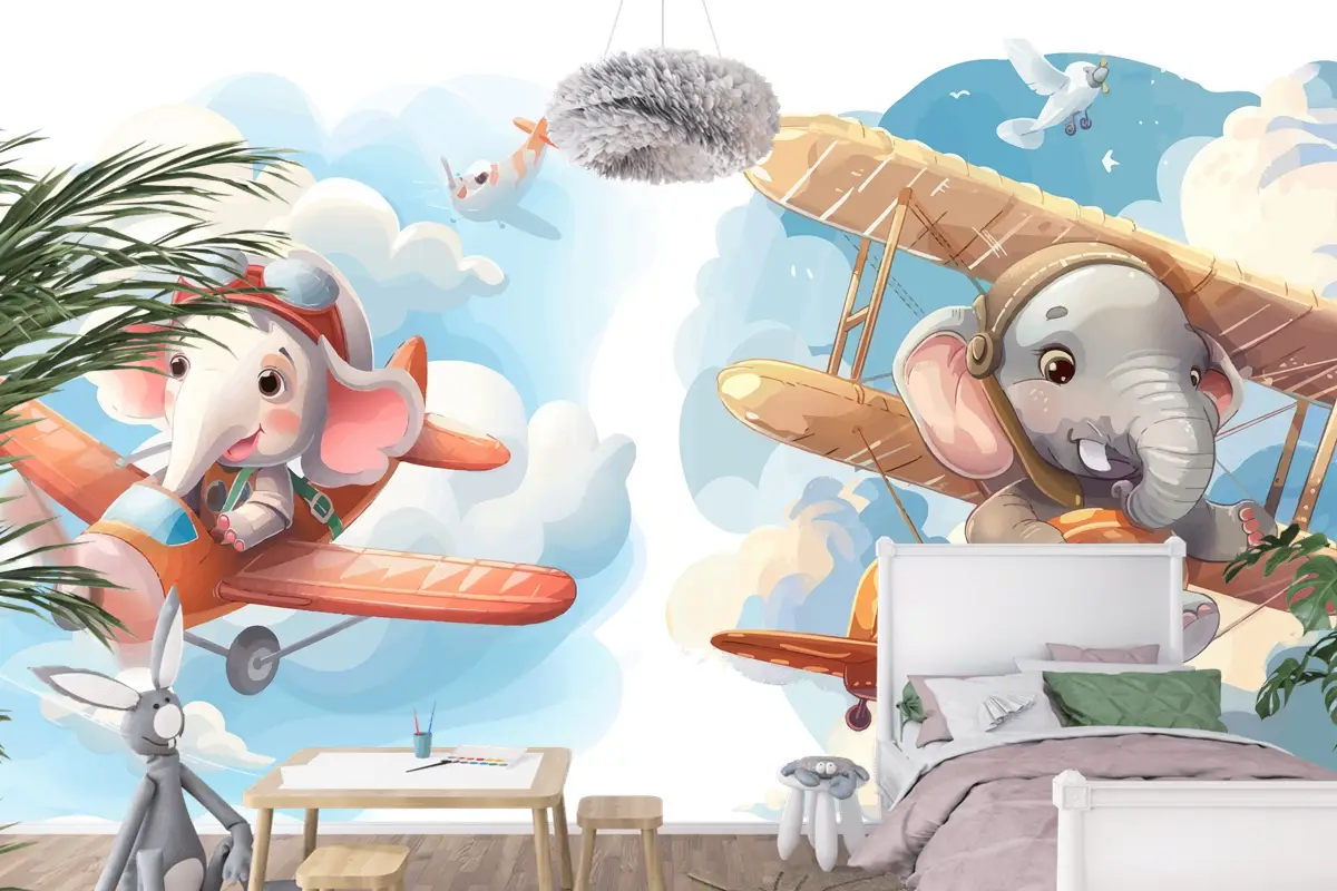 Uçaktaki Küçük Fil Çocuk Odası Duvar Kağıdı 