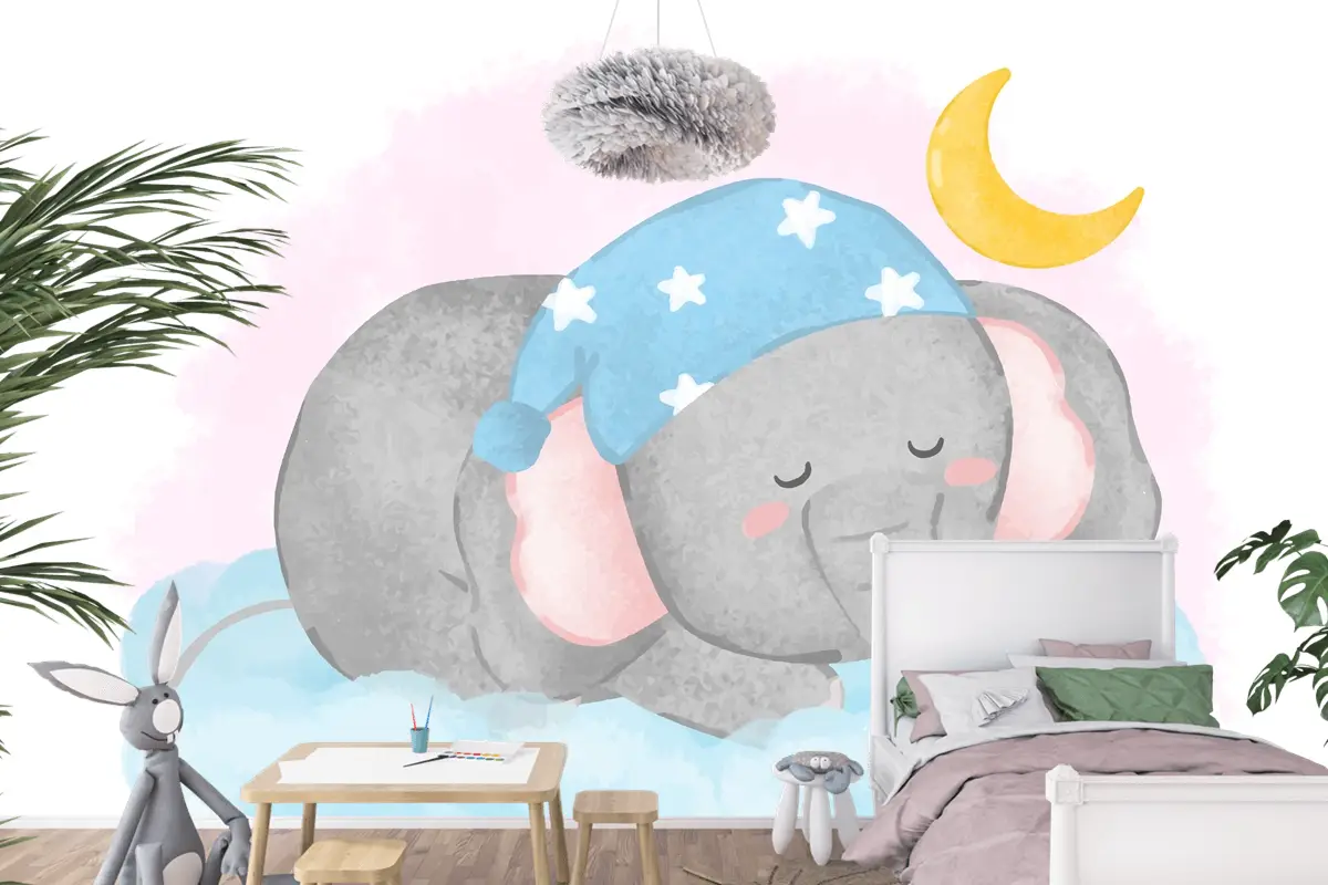 Suluboya Çocuk Odası Duvar Kağıdı Nde Bulutun Üzerinde Uyuyan Güzel Fil