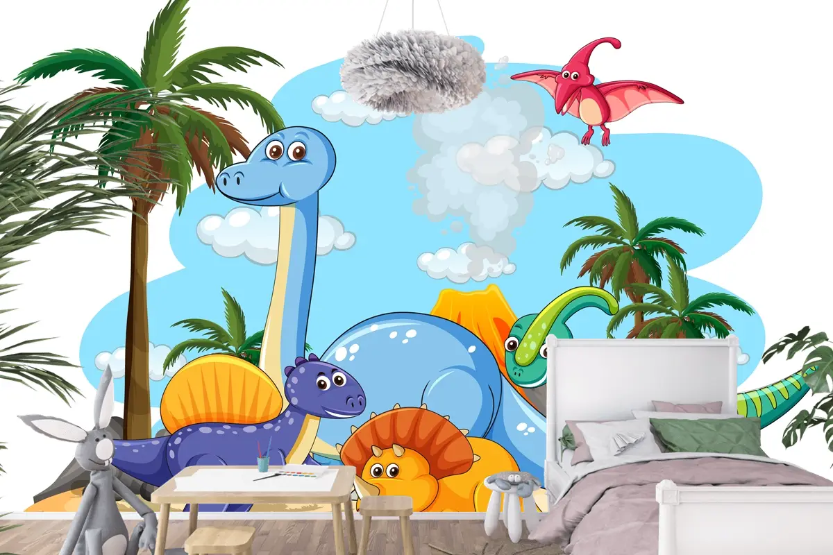 Tarih Öncesi Topraklarda Birçok Sevimli Dinozor Karakteri İzole Çocuk Odası Duvar Kağıdı