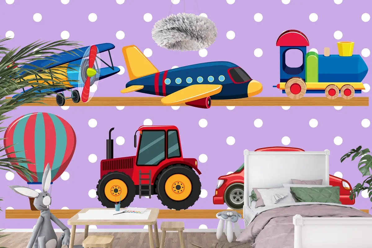 Ahşap Raflarda Birçok Taşıma Oyuncakları Çocuk Odası Duvar Kağıdı