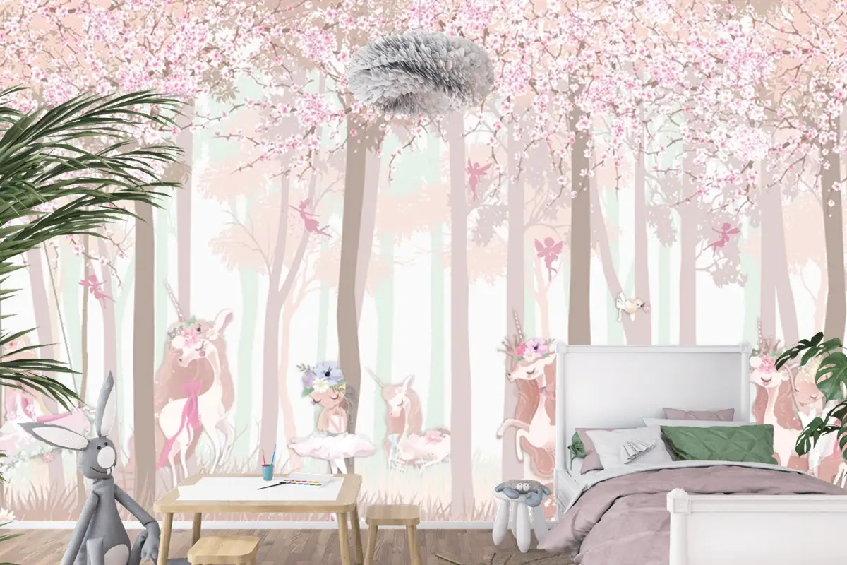 Masal Unicorn Pembe Orman Çocuk Odası Duvar Kağıdı