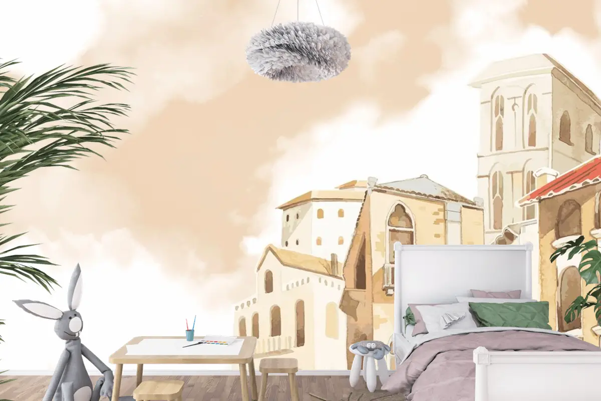 Akdeniz Şehir Binası Dış Su Renk Stili Çocuk Odası Duvar Kağıdı 