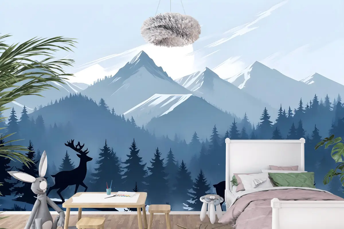 Çocuklar Için Boynuzlu Geyik Silueti Ile Tek Renkli Koyu Mavi Karlı Orman Çocuk Odası Duvar Kağıdı