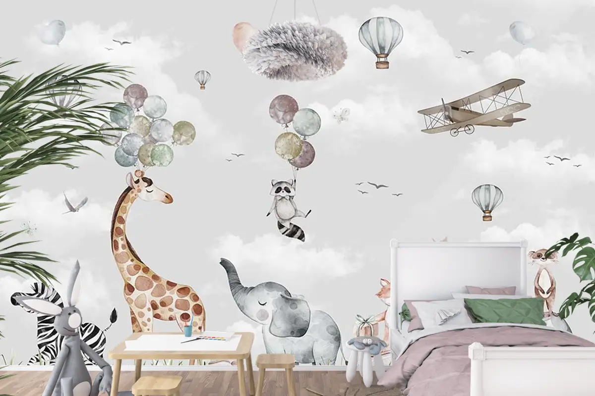 Mutlu Hayvanların Renkli Dünyası Çocuk Odası Duvar Kağıdı