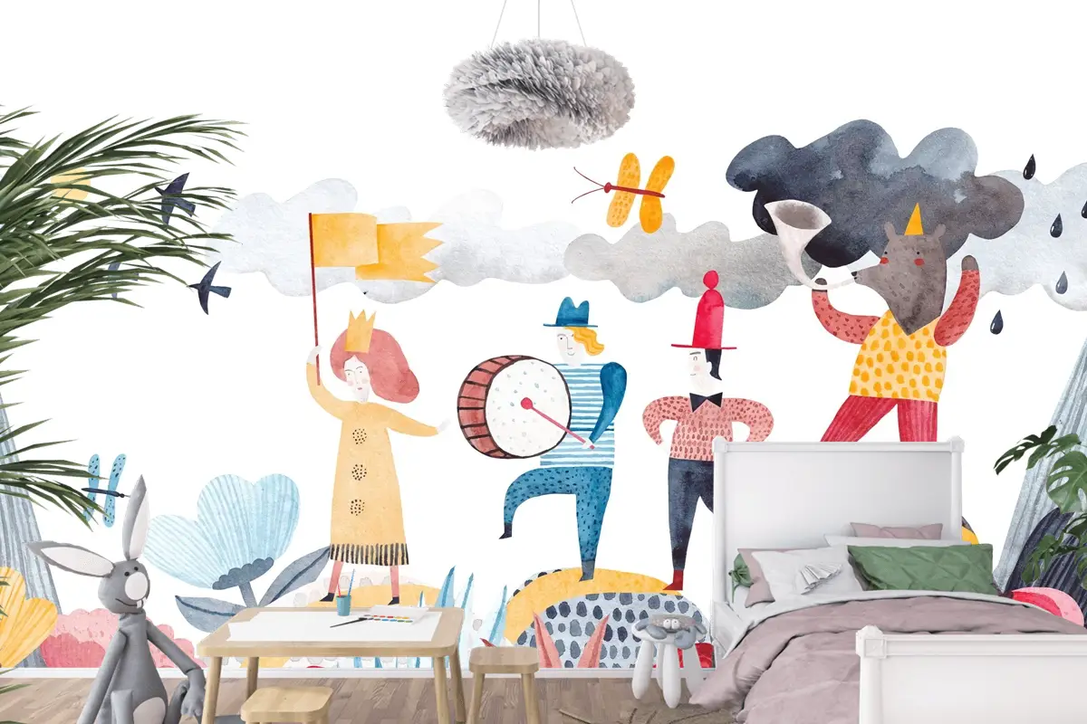 Neşeli Kortej ve Renkli Karakterler Çocuk Odası Duvar Kağıdı