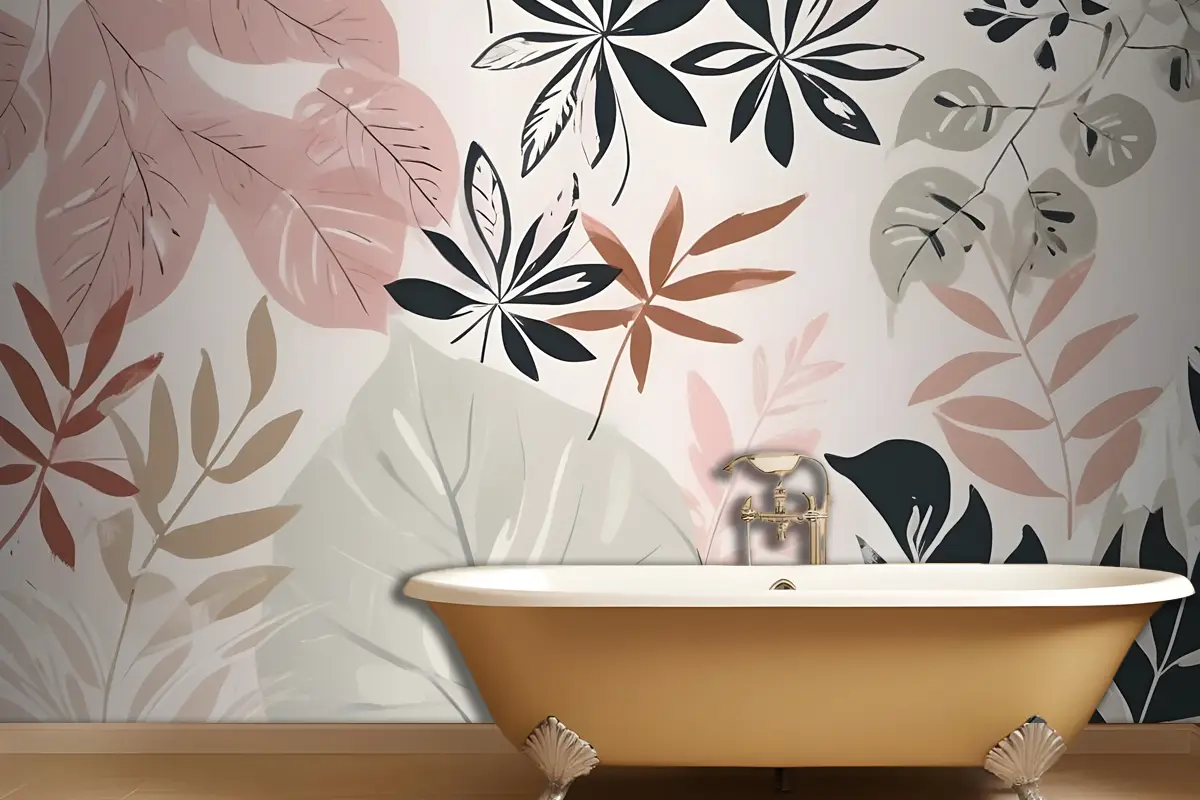 Nötr Ve Yeşil Modern Botanik Bitkiler Banyo Duvar Kağıdı