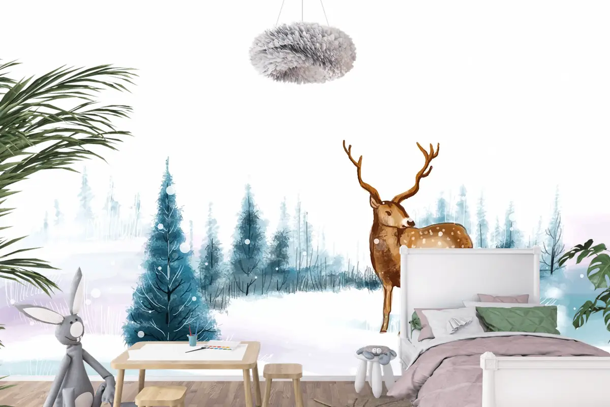 Ren Geyiği Çocuk Odası Duvar Kağıdı  Ile Yeni Yıl Ve Noel Ağacı Kış Manzarası Arka Plan
