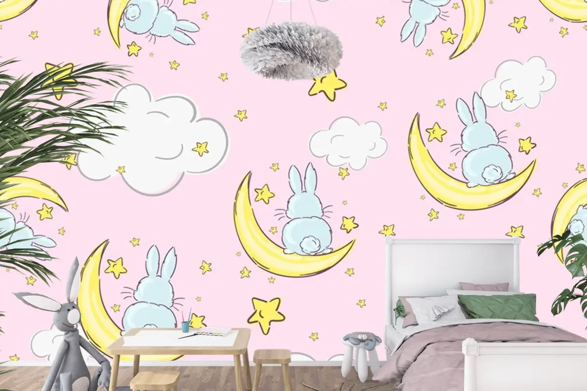 Ayların Ve Yıldızların Üzerinde Oturan Sevimli Tavşanlarla Gece Gökyüzü Doodle Deseni Sorunsuz Çocuk Odası Duvar Kağıdı