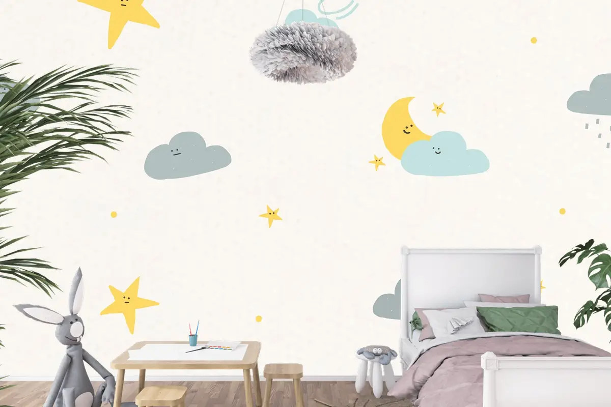 Gece Gökyüzü Dikişsiz Desen Hava Durumu Doodle Çocuk Odası Duvar Kağıdı 