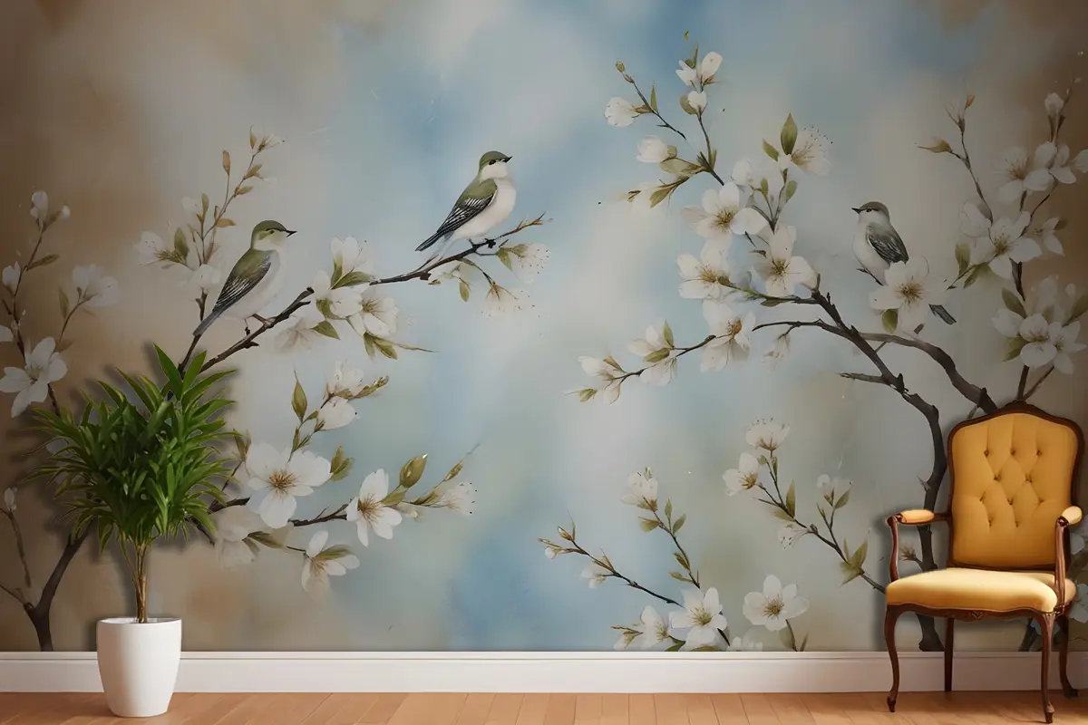 Nostaljik Suluboya Kiraz Çiçekleri Duvar Kağıdı