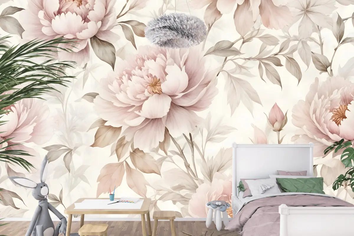 Kızlar Için Kreş Pastel Şakayık Suluboya Çiçek Çocuk Odası Duvar Kağıdı