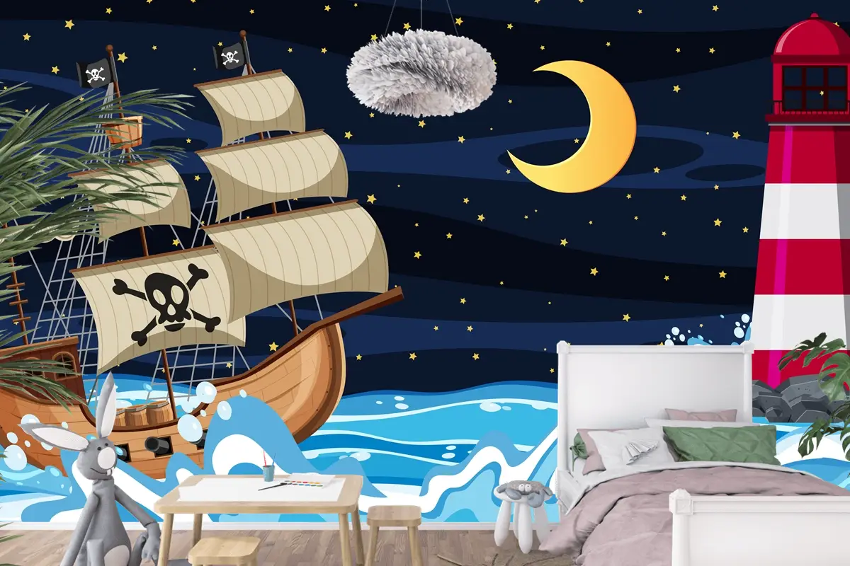 Karikatür Tarzında Korsan Gemisi Ile Gece Okyanus Sahnesi Çocuk Odası Duvar Kağıdı