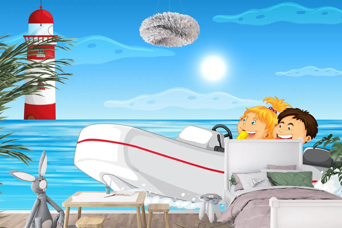 Motorlu Teknede Çocuklu Okyanus Manzarası Çocuk Odası Duvar Kağıdı