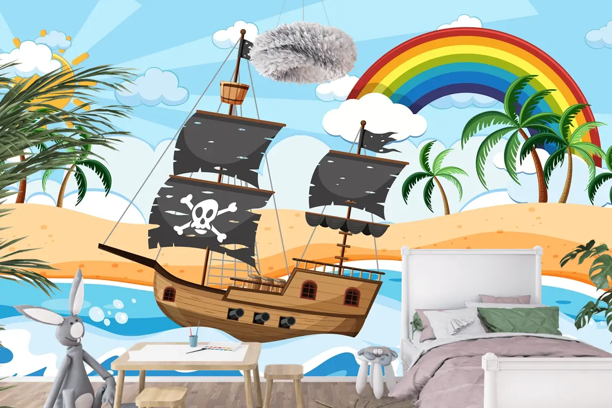 Karikatür Tarzı Çocuk Odası Duvar Kağıdı Duvarında Gündüz Sahnesinde Korsan Gemisi Ile Okyanus