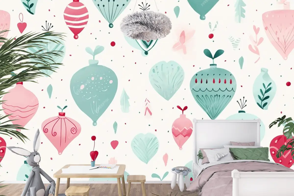 Ağaç Ve Süslerle Renkli Noel Kusursuz Deseni Modern Canlı Sonsuz Çocuk Odası Duvar Kağıdı