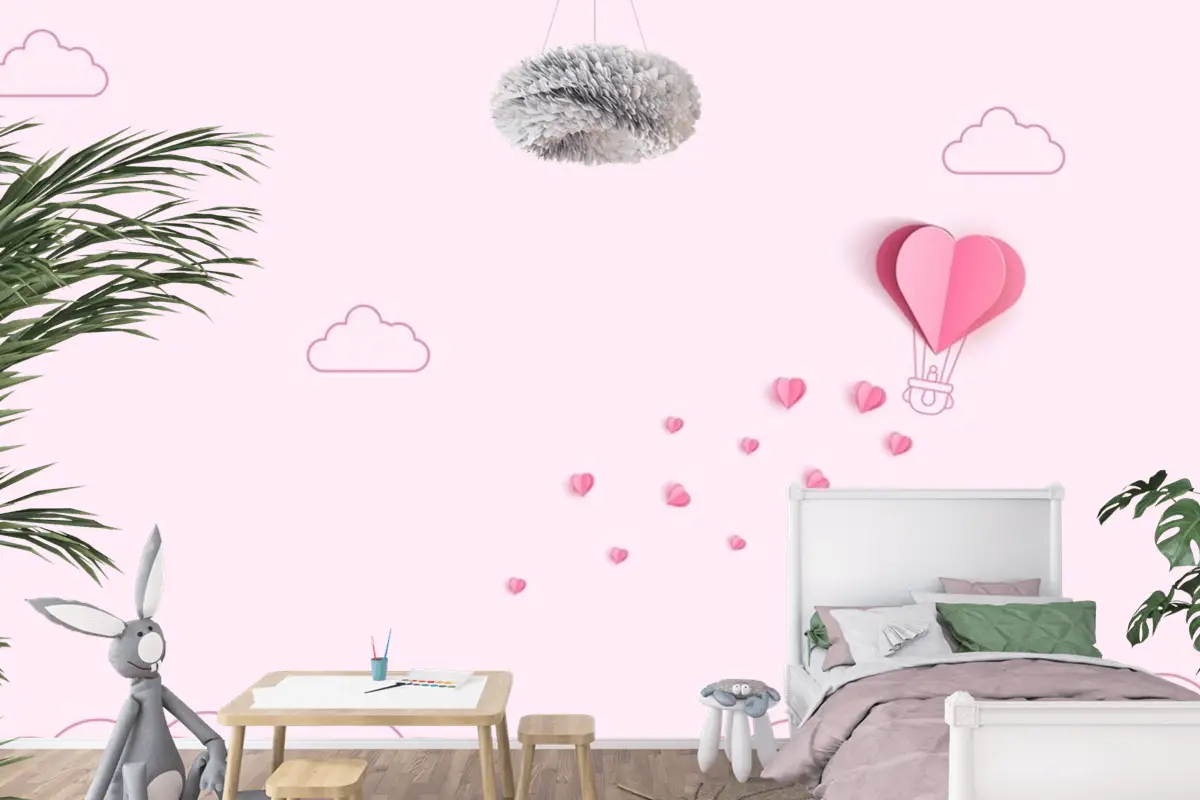 Origami Yapımı Sıcak Hava Balonu Ve Bulut Çocuk Odası Duvar Kağıdı