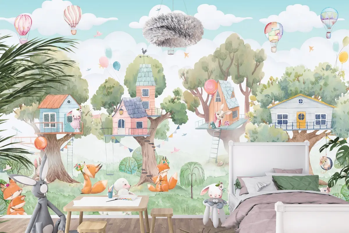 Orman Ağaçevleri ve Şenlikçi Hayvanlar Çocuk Odası Duvar Kağıdı