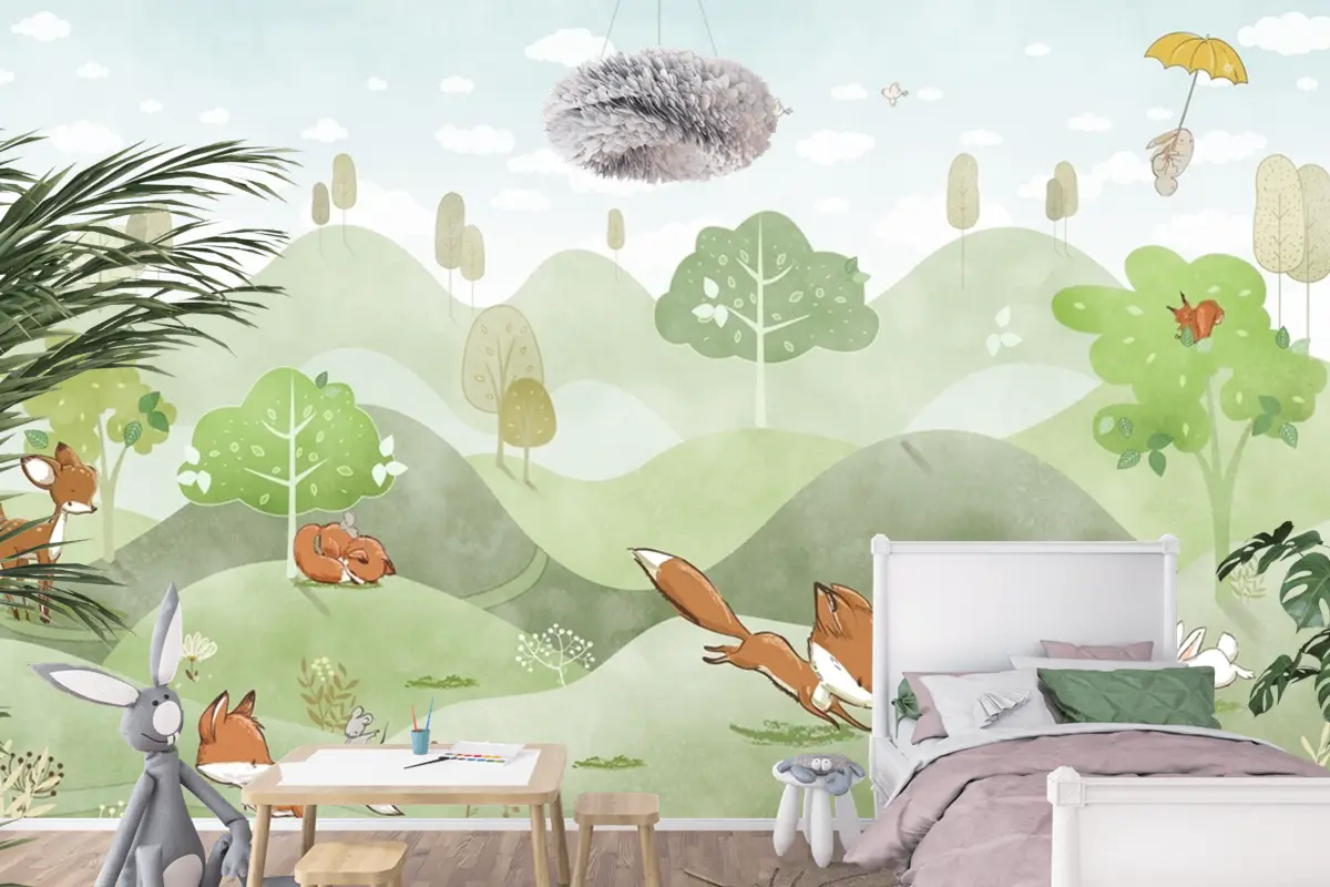 Orman Hayvanları Yeşil Orman Geyik Tilki Tavşan Bebek Odası Duvar Kağıdı