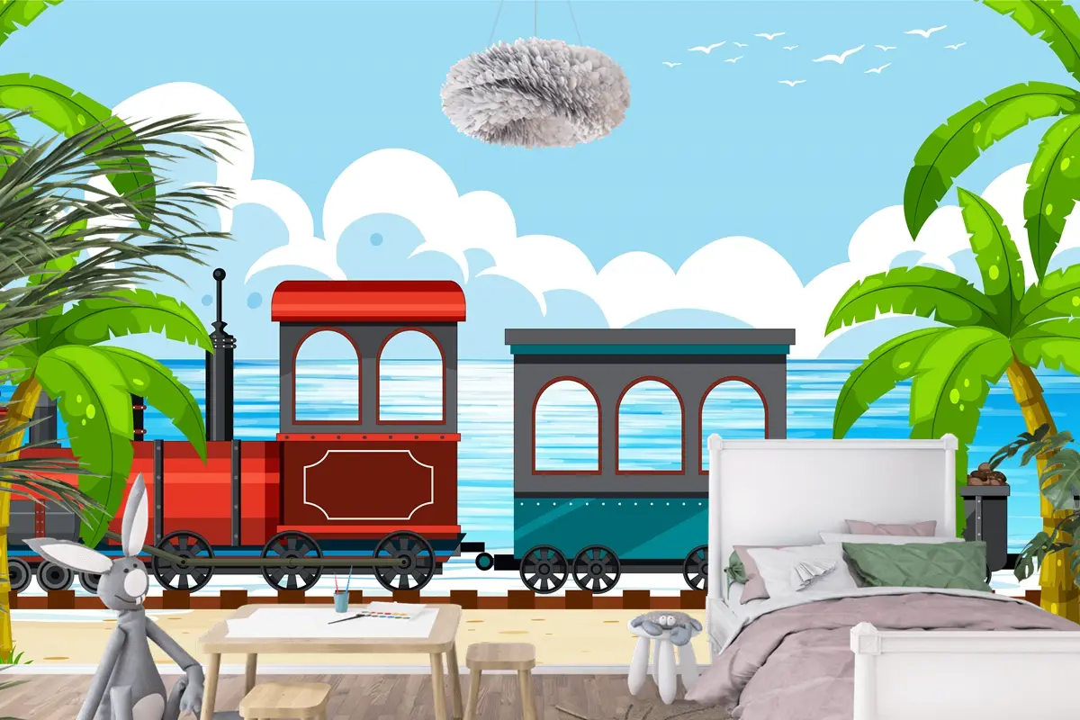 Buharlı Lokomotif Treni Boys Çocuk Odası Duvar Kağıdı  Ile Açık Hava Sahnesi