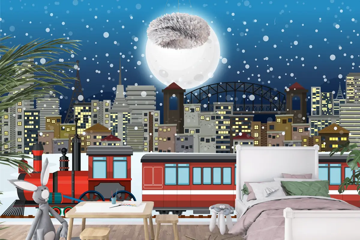 Buharlı Lokomotif Treni Ile Açık Hava Sahnesi Çocuk Odası Duvar Kağıdı