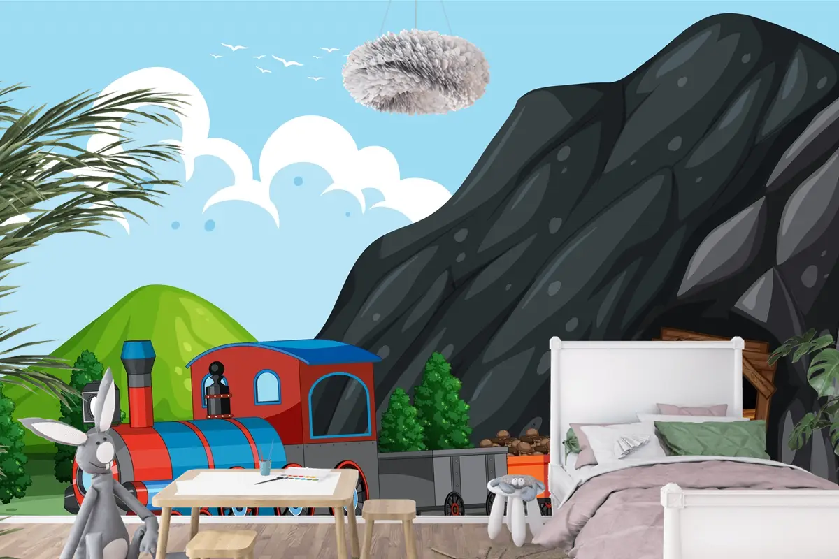 Buharlı Lokomotif Tren Çocuk Odası Duvar Kağıdı  Ile Açık Hava Sahnesi