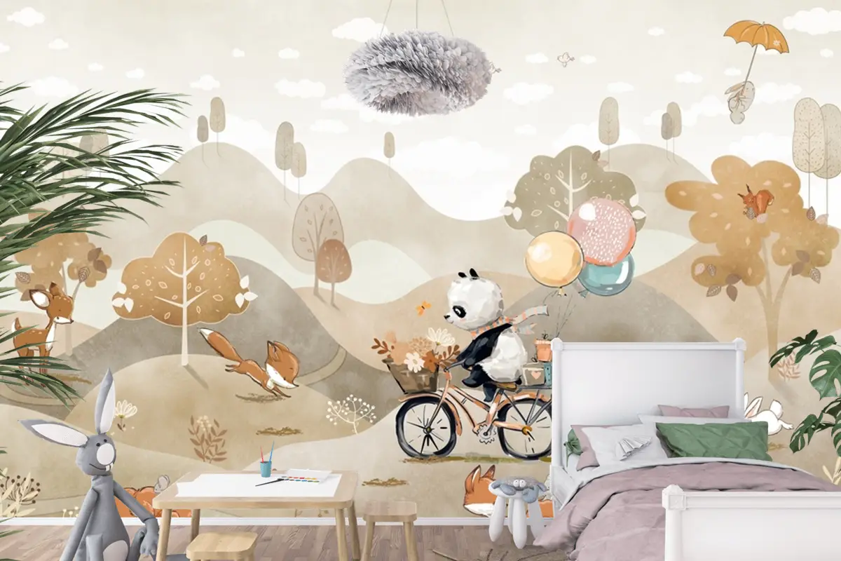 Panda Bisiklet Orman Yaban Hayatı Çocuk Odası Duvar Kağıdı