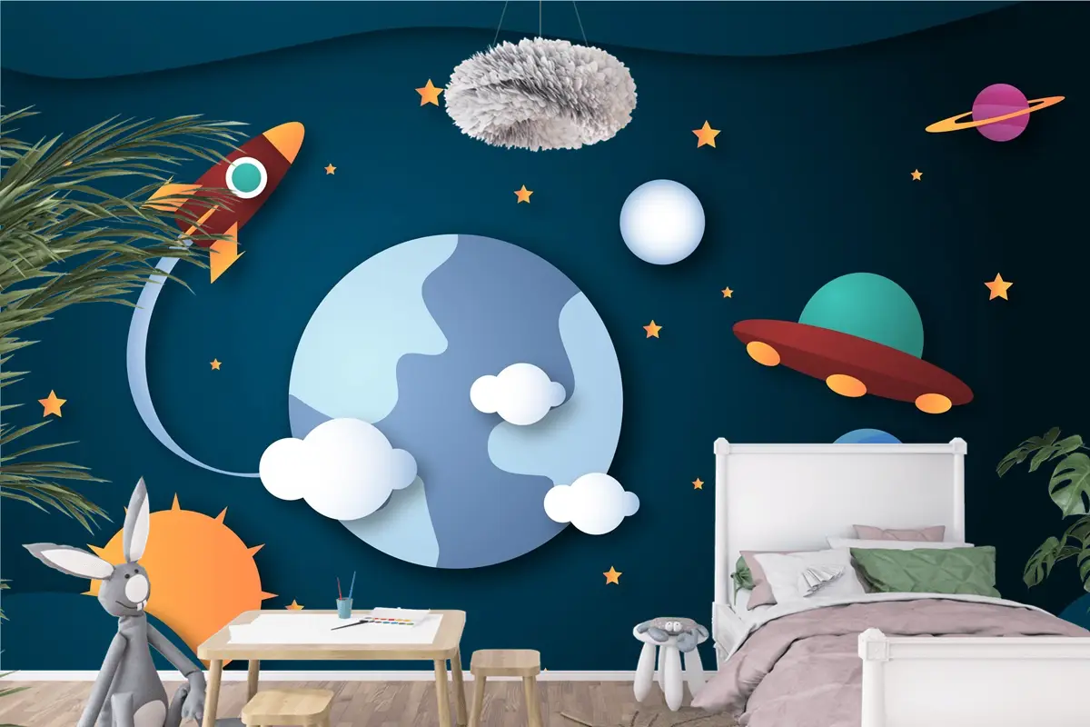 Kağıt Stili Galaxy Arka Plan Çocuk Odası Duvar Kağıdı 