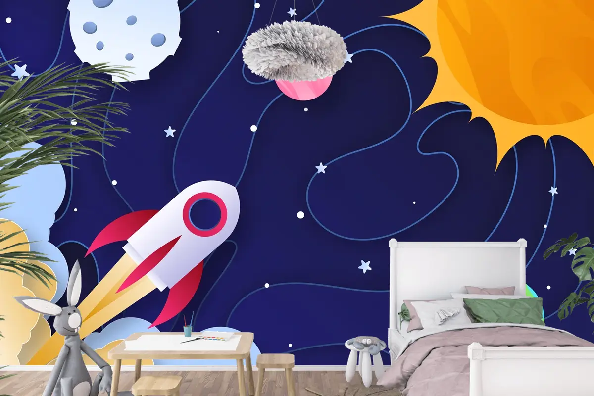 Kağıt Stili Galaxy Çocuk Odası Duvar Kağıdı