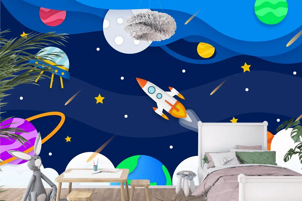 Roket Çocuk Odası Duvar Kağıdı  Ile Kağıt Tarzı Galaksi